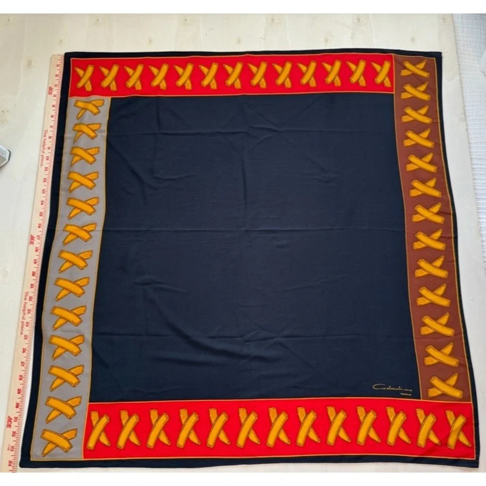 Costantino Roma VTG 100% Silk Scarf Black Red Gold Italy 34in Square Foulard